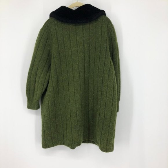 Vintage green knit wool long button up jacket removable black faux fur collar - Picture 2 of 13